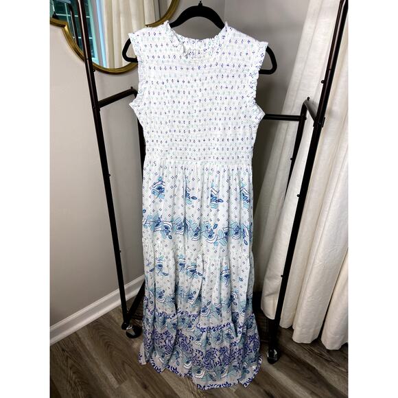Oliphant Tuckernuck Smocked Corfu Blue Maxi Dress size M medium - Picture 2 of 6